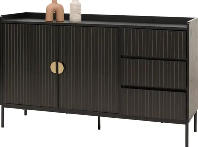 Produktbild von Sideboard HWC-O39, Kommode Schrank Anrichte, 3 Schubladen 2 Türen, Holz Melamin 80x130x42cm  Holzoptik schwarz