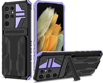 Produktbild von Galaxy S21 Ultra 5G Hülle, Hybrid Robust Schutz Stoßfest Schutzhülle mit Kartenhalter Ständer für Samsung Galaxy S21 Ultra 5G Lila