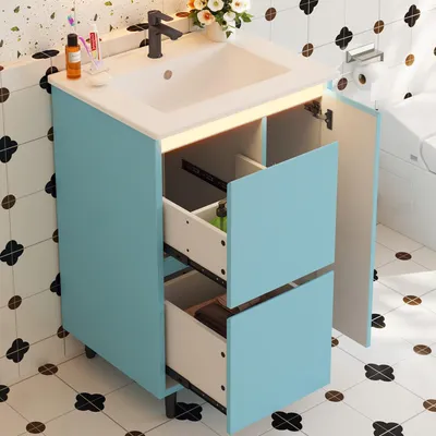 Immagine prodotto di Mobile da bagno Merax con lavabo, mobile sottolavabo con 2 cassetti, ante con chiusura ammortizzata e lavabo in Vetroceramica, dimensioni 61 x 46,5 x 87 cm, colore blu