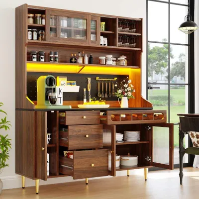 Produktbild von Moderner Hochschrank mit LED-Beleuchtung, verstellbaren Böden, Schublade & Weinregal – ideal für Wohnzimmer, Küche, Esszimmer, 145×39×171 cm,Walnut
