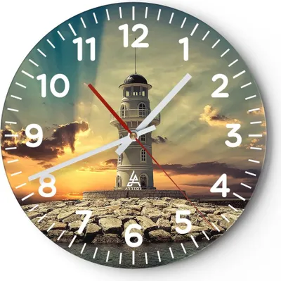 Produktbild von Wanduhr - Rund - Glasuhr - Leuchtturm Wasser Meer Steine - 30x30cm - Schleichendes Uhrwerk - Lautlos - zum Aufhängen bereit - Dekoration Modern - Wanddekoration aus Glas - C4AR30x30-2895