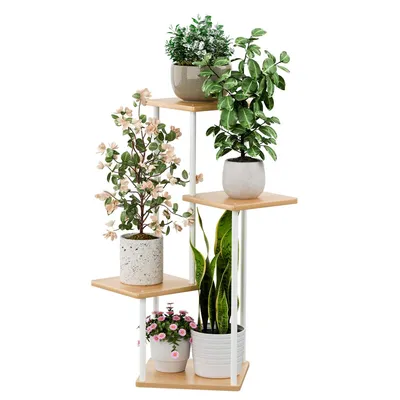 Produktbild von Mulisoft 4-Tier Hölzern Blumenregal Pflanzenregal, Mehrstöckig Blumenständer Pflanzenständer, Blumenbank Blumentreppe Pflanzentreppe, Standregal für Innen Garten Balkon Deko, Naturholzfarbe
