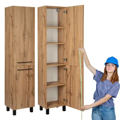 Produktbild von Astor | Badezimmersäule - Stehschrank Badezimmer - Braun - 40 x 183 Cm - Mit Schwarzen Griffen - 4 Regale