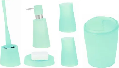 Immagine prodotto di Set da bagno Spirella, accessori da bagno in 6 pezzi Muovi il dispenser di sapone, lo scopino, il portasapone, il secchio per cosmetici e il bicchiere per spazzolini da denti Menta