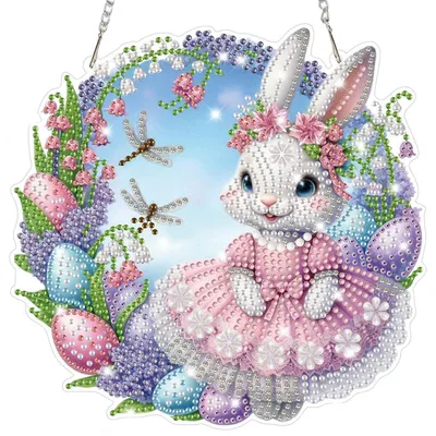 Produktbild von Diamond Painting Anhänger Ostern Hase Blumen Fensterbilder Bastelset Hängend Ornament