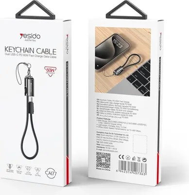 Zdjęcie produktu dla Yesido Kabel USB-C do USB-C do szybkiego ładowania danych 60 W, 20 cm - czarny