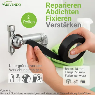 Produktbild von Starkes Allzweckband Schwarz 48mmx50m: Vielseitiges Klebeband für Haushalt und Büro, 2 Rollen im Set