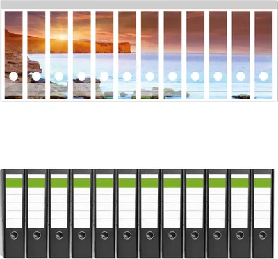 Produktbild von Wallario 12 Stück breite Ordner inkl. Klebeetiketten mit Motive Sonnenaufgang am Meer mit Landzunge und Felsen im Wasser -  Set mit Rückenschildern / Ordnerrücken Stickern