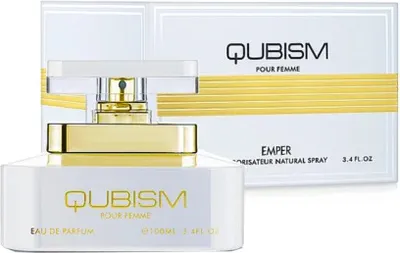 A perfume bottle and its packaging are displayed against a white background.