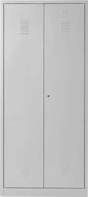 A full-front view of a light gray metal cabinet with two doors.