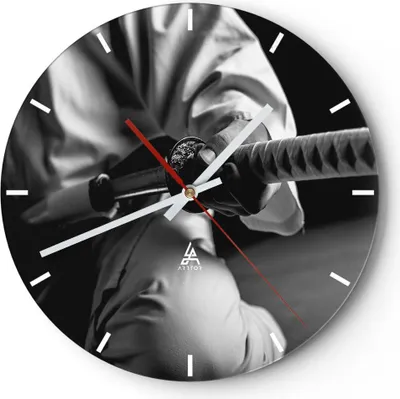 Produktbild von Wanduhr - Rund - Glasuhr - Samurai-Schwert - 30x30cm - Schleichendes Uhrwerk - Lautlos - zum Aufhängen bereit - Dekoration Modern - Wanddekoration aus Glas - C3AR30x30-3746