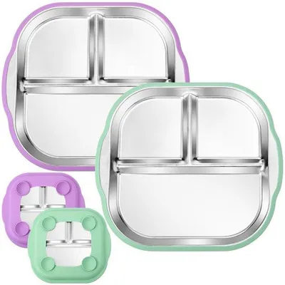 Image de Ibenzoa® : Lot de 2 assiettes pour bébé en acier inoxydable avec ventouse, deux pièces, lavables au lave-vaisselle – des repas sûrs et hygiéniques pour les bébés