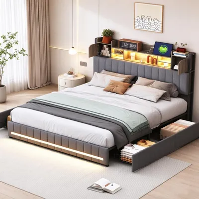 Imagen del producto de Cama tapizada INONEFT de 140x190 cm con USB y iluminación LED, cama doble con espacio de almacenamiento y 4 cajones, cabecero con espacio de almacenamiento, somier, tela de lino, color gris