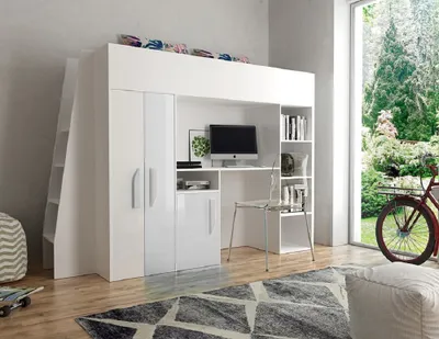 Produktbild von Hochbett Etagenbett mit Schreibtisch Schrank Regal und Treppe 90x200 PARIS 5 hochglanz weiß-weiß