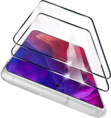 A stack of clear screen protectors layered over a smartphone with a colorful wallpaper.