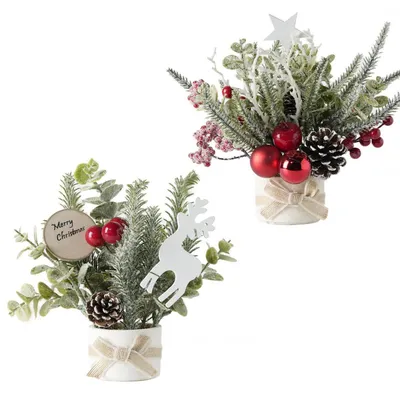 Image de Mini sapins de Noël, lot de 2, 25 cm, avec des baies et des cônes de pin, pour la décoration de table, décoration intérieure de Noël