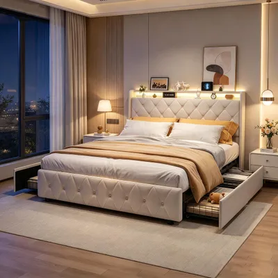Produktbild von INONEFT Boxspringbett Polsterbett 160x200 mit LED & USB/C,Doppelbett Bett mit 4 Schubladen und Lattenrost,Bettgestell mit Stauraum-Kopfteil,Samt Beige