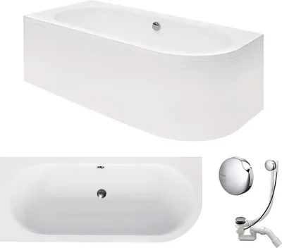Produktbild von VBChome Badewanne 180 x 80 cm Acryl SET Schürze Siphon Wanne Ecke Eckbadewanne Weiß Design Modern Ablaufgarnitur in Chrom Viega Simplex für 2 Personen Links