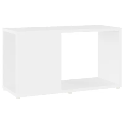 A white TV cabinet with one open compartment and one closed compartment.