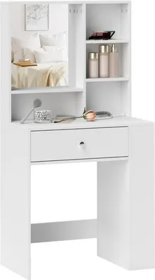 Produktbild von Schminktisch mit Spiegel, Schublade, 3-stufige Seitenablage, Spanplatte, Weiß