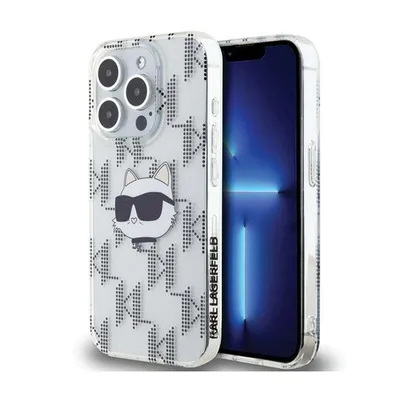A transparent iPhone 15 Pro Max case with a Karl Lagerfeld Choupette Head and Monogram design is shown against a white background.