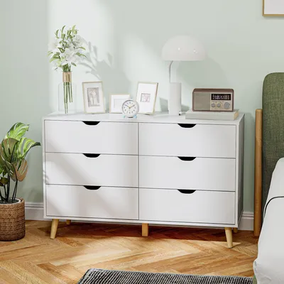 Produktbild von ZMH Nachttisch 6 Schubladen Aufbewahrungsmöbel mit 5 abgeschrägten Holzbeinen 120 x 40 x 76 cm weiß