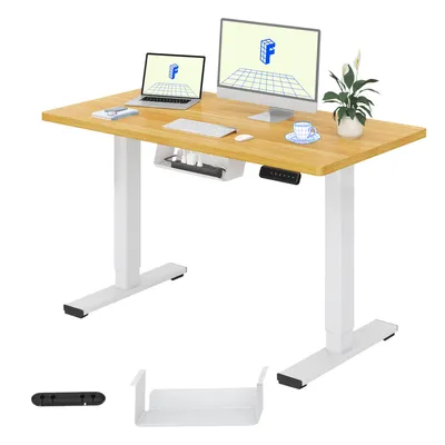 Zdjęcie produktu dla FLEXISPOT EN1, elektryczny biurko z regulacją wysokości, wymiary 100x60 cm, z jednolitą blatem, systemem zarządzania kablami i szufladą, 4 funkcje pamięci (wykończenie: klon)
