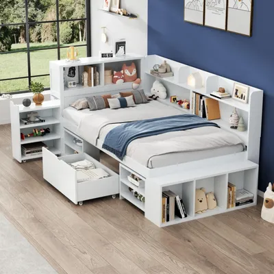 Immagine prodotto di Letto per ragazzi okwish, linea classica, 90x200 cm, con cassetti, libreria e armadio, letto a piattaforma in legno con rete a doghe, bianco