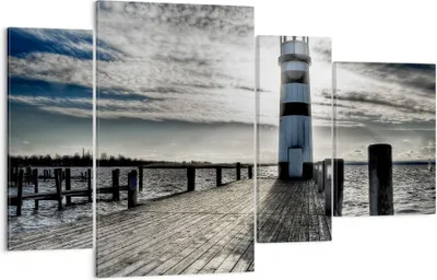 Produktbild von Bild auf Leinwand - Leinwandbild - See Leuchtturm Holzbrücke Wasser - 120x70cm - Wand Bild - Wanddeko - Leinwanddruck - Bilder - Kunstdruck - Leinwand bilder - Wandkunst - DL120x70-0330