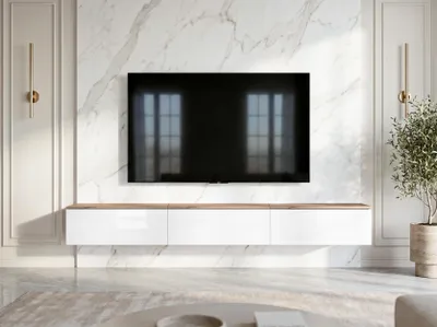 Produktbild von AX LIVING Barvo 3x100 TV Kommode Lowboard Braun/Weiß Hochglanz Hängend