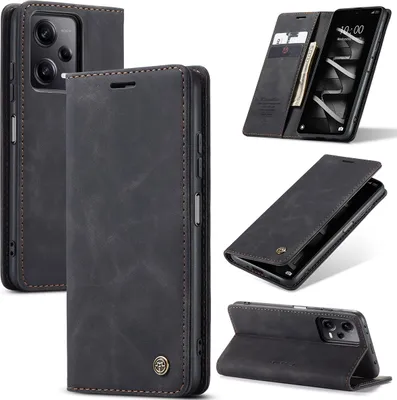 Produktbild von Xiaomi Poco X5 Pro Hülle, Retro Kunstledertasche mit Standfunktion Schutzhülle für Xiaomi Poco X5 Pro Schwarz