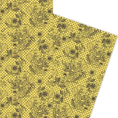 Produktbild von Florales Totenkopf Geschenkpapier nicht nur zu Halloween schwarz auf gelb - G5862, 32 x 48cm