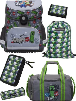 A collection of Minecraft-themed school and travel accessories.