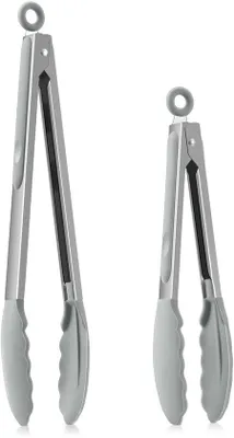 Produktbild von Unyqoos® Küchenzangen-Set 2‑tlg. – rostfreier Edelstahl, hitzebeständige Silikonspitzen bis 230 °C, 23,7 & 30,3 cm, Verriegelung, Antihaft, spülmaschinenfest für Kochen & Grillen