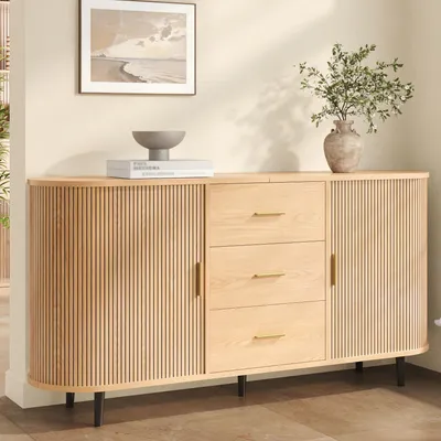 Produktbild von Merax Sideboard mit 3 Schubladen und Schiebetüren, Kommode aus MDF mit Rillen-Design, Wohnzimmerschrank mit Metallgriffe und Eisenrohrfüße, Natur