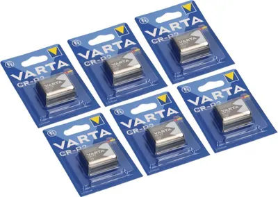 Six VARTA CR-P2 batteries packaged in blue and yellow blister packs.