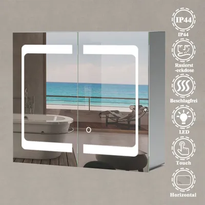 Produktbild von LED Spiegelschrank 80x60cm mit 3 Lichtfarbe Dimmbar Speicherfunktion Rasier-Steckdose Touch/Wandschalter Beschlagfrei Aluminium IP44