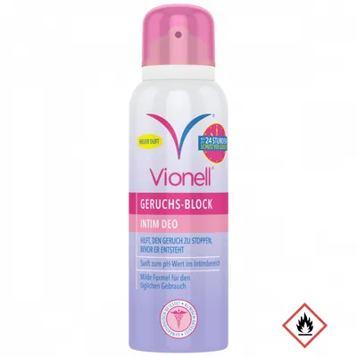 A product shot of Vionell Geruchs-Block Intim Deo spray can.