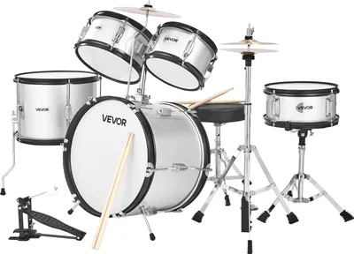 Zdjęcie produktu dla Zestaw perkusyjny VEVOR, 5-częściowy, w tym bęben basowy 40,6 cm, werbel 25,4 cm, tomy 20,3 cm i 25,4 cm, statyw 33 cm, talerz 25,4 cm i hi-hat 20,3 cm, dla dzieci w wieku 6-13 lat, srebrny