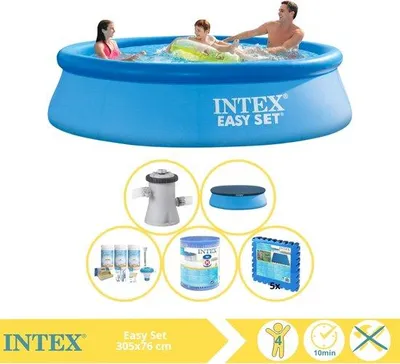 Productafbeelding van Intex Easy Set Zwembad - Opblaasbaar zwembad - 305x76 cm - Inclusief afdekking, onderhoudspakket, filter en zwembadplaten
