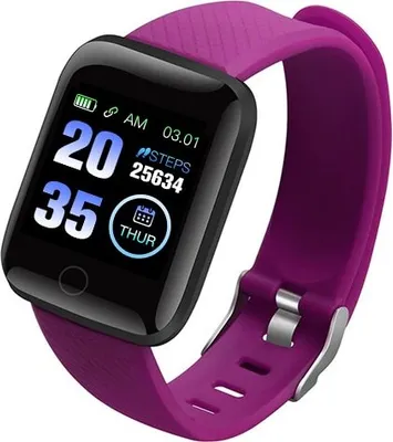 A close-up of a purple smartwatch with a black screen displaying time, date, and step count.