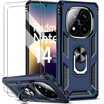Image de Coque pour Xiaomi Redmi Note 14 Pro 5G (pas pour 4G) Protection Rigide avec Anneau - Bleu Marine + 2 Verres Trempés