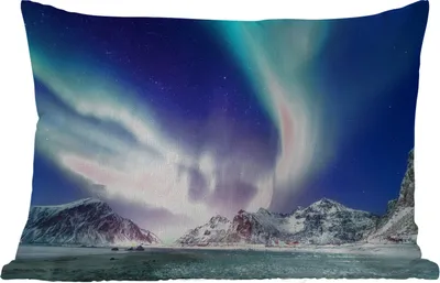 Produktbild von MuchoWow® Outdoor Kissen - Nordlichter - Schnee - Berg - Norwegen - 50x30 cm - Wetterfest - Lounge Kissen - Sofa kissen - Wohnzimmer Dekoration