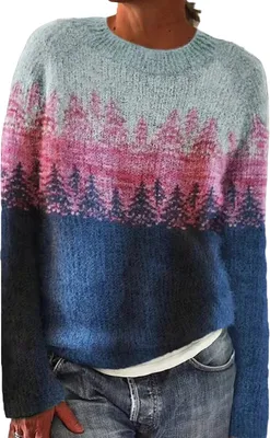 Produktbild von ASKSA Damen Pullover Elegant Rundhals Sweatshirt Casual Winterpullover mit Aufdruck Gestrickter Pullover Warme Bequem Langarm Mode Autumn Winter Oberteile,Rot,L