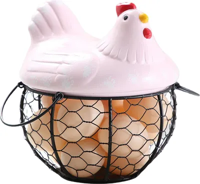 Produktbild von Eierkorb, Eierhalter aus Eisendraht, Eiersammelkorb für die Arbeitsplatte mit Keramikdeckel zum Sammeln frischer Eier, rosa
