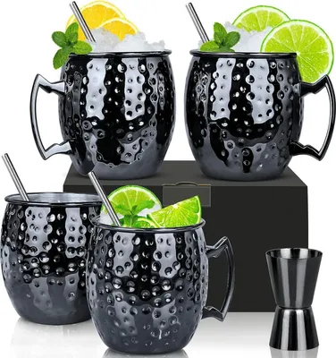 Produktbild von Moscow Mule Becher Set 4er Gunmetal schwarz 550ml Trinkbecher Cocktails Gin Vodka