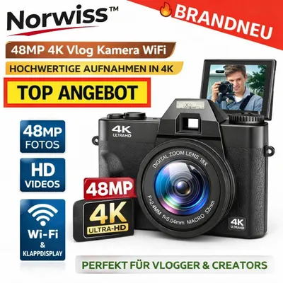 Produktbild von Norwiss™ Digitalkamera 48MP 4K Vlog Kamera WiFi 16X Zoom Klappdisplay HD Cam