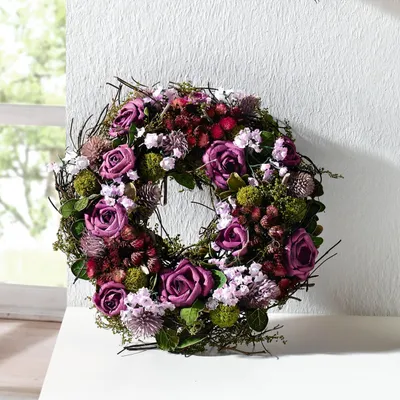 Obrázek produktu pro Věnec "Purple Rose" z přírodních materiálů + textilní květiny, dekorace svatebního stolu