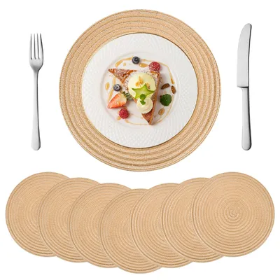 8 Runde Platzsets 30 cm Beige Geflochten Abwaschbar Antirutsch