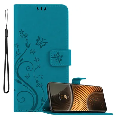 Image de Cadorabo Housse pour Motorola Moto Edge 50 Ultra Housse en FLORAL BLEU Housse de protection au design floral avec fermeture magnétique, fonction de rangement et porte-cartes Book Case Cover
